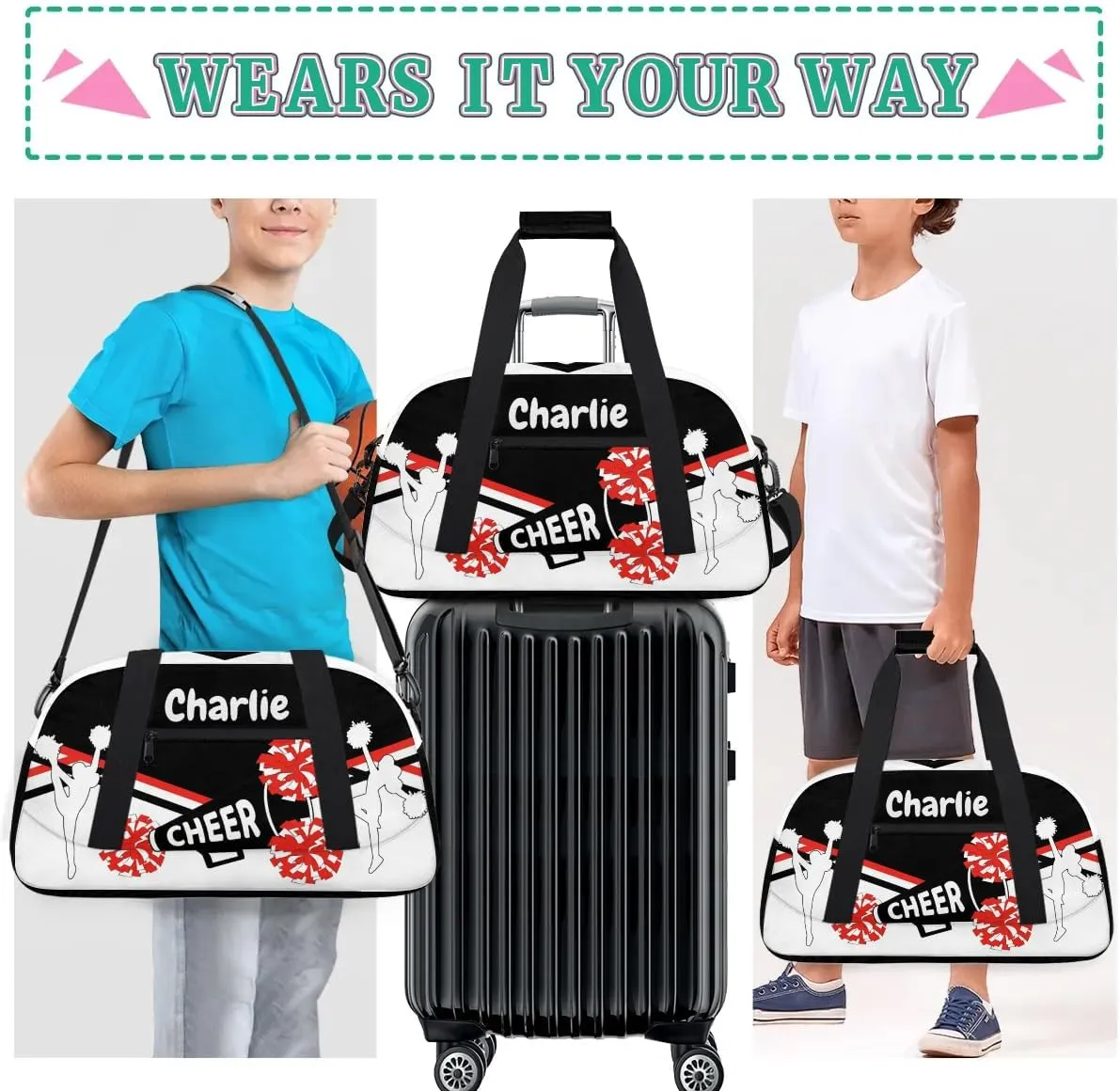 Personalized Name Cheerleaders Bag Custom Cheer Duffel Bags Gymnastics Bag Weekend Travel Overnight Bag for Sport Events, Black White