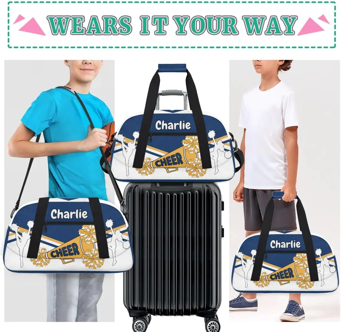 Personalized Name Cheerleaders Bag Custom Cheer Duffel Bags Gymnastics Bag Weekend Travel Overnight Bag for Sport Events, Blue White