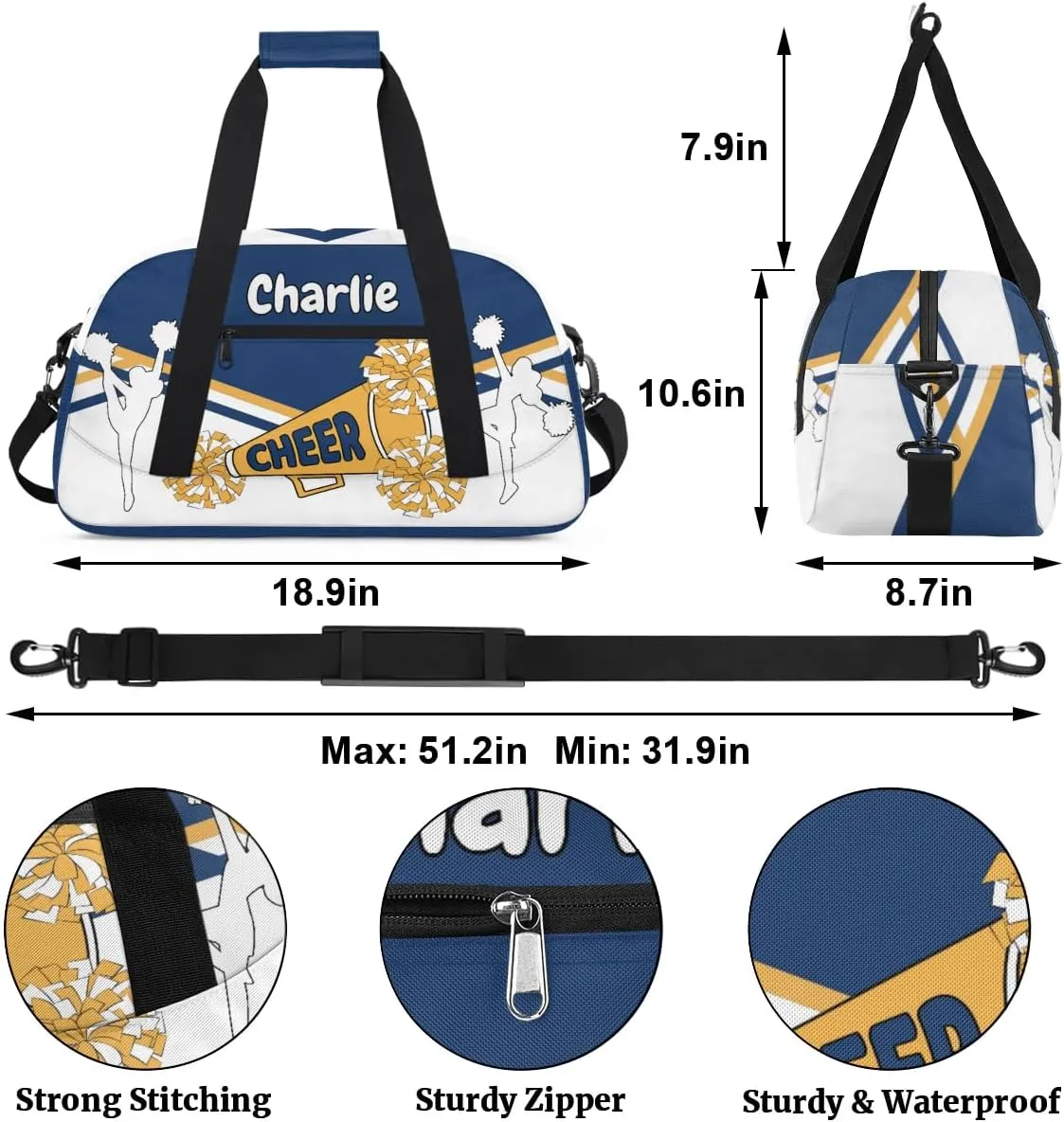 Personalized Name Cheerleaders Bag Custom Cheer Duffel Bags Gymnastics Bag Weekend Travel Overnight Bag for Sport Events, Blue White