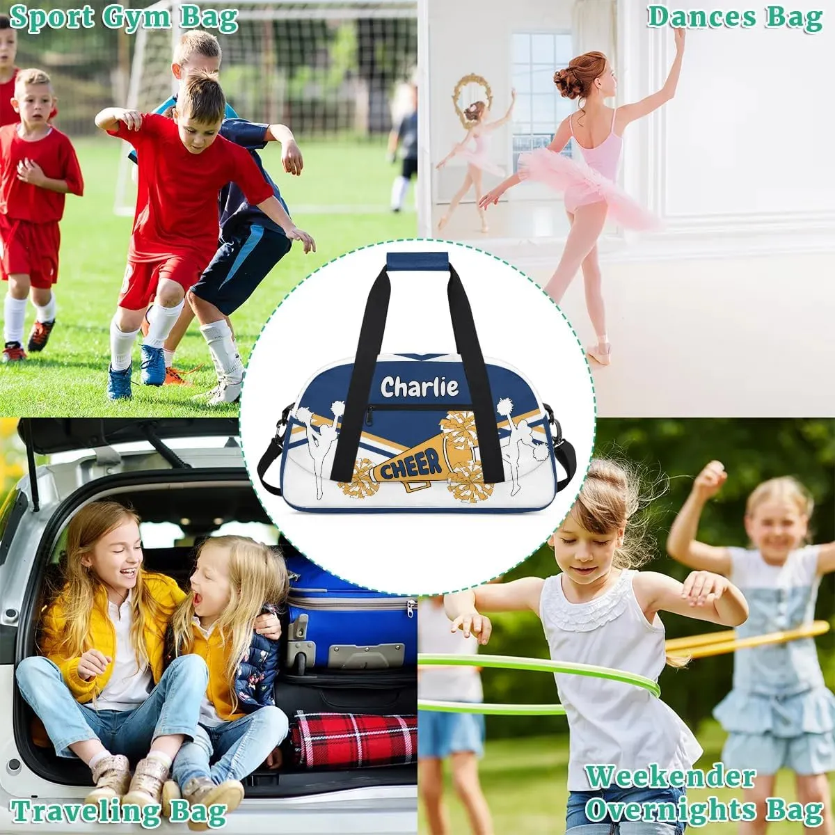 Personalized Name Cheerleaders Bag Custom Cheer Duffel Bags Gymnastics Bag Weekend Travel Overnight Bag for Sport Events, Blue White