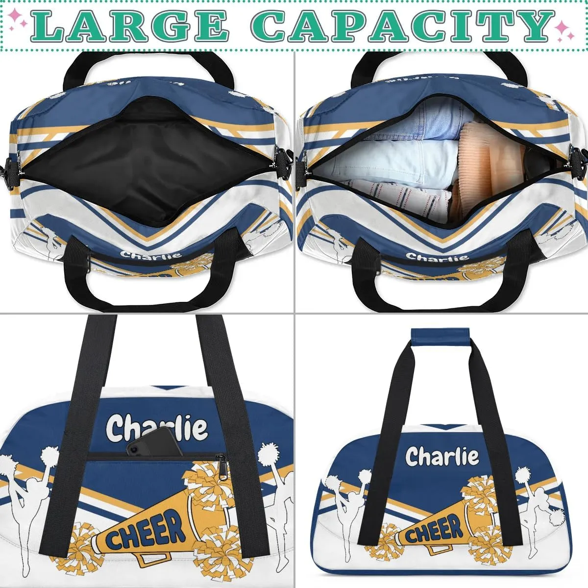Personalized Name Cheerleaders Bag Custom Cheer Duffel Bags Gymnastics Bag Weekend Travel Overnight Bag for Sport Events, Blue White