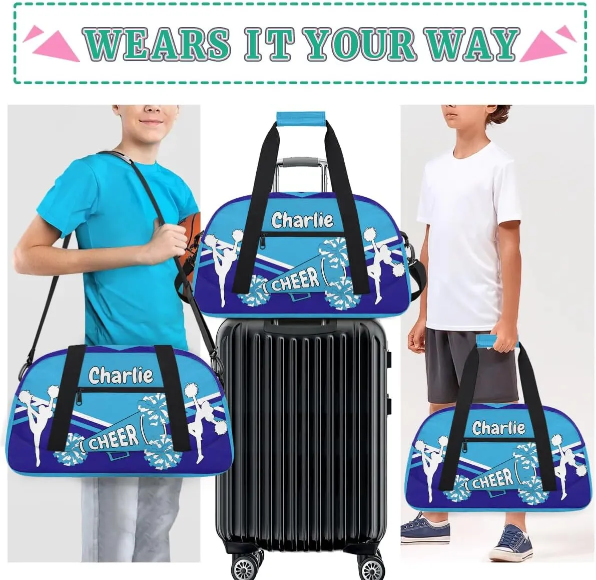Personalized Name Cheerleaders Bag Custom Cheer Duffel Bags Gymnastics Bag Weekend Travel Overnight Bag for Sport Events, Blue