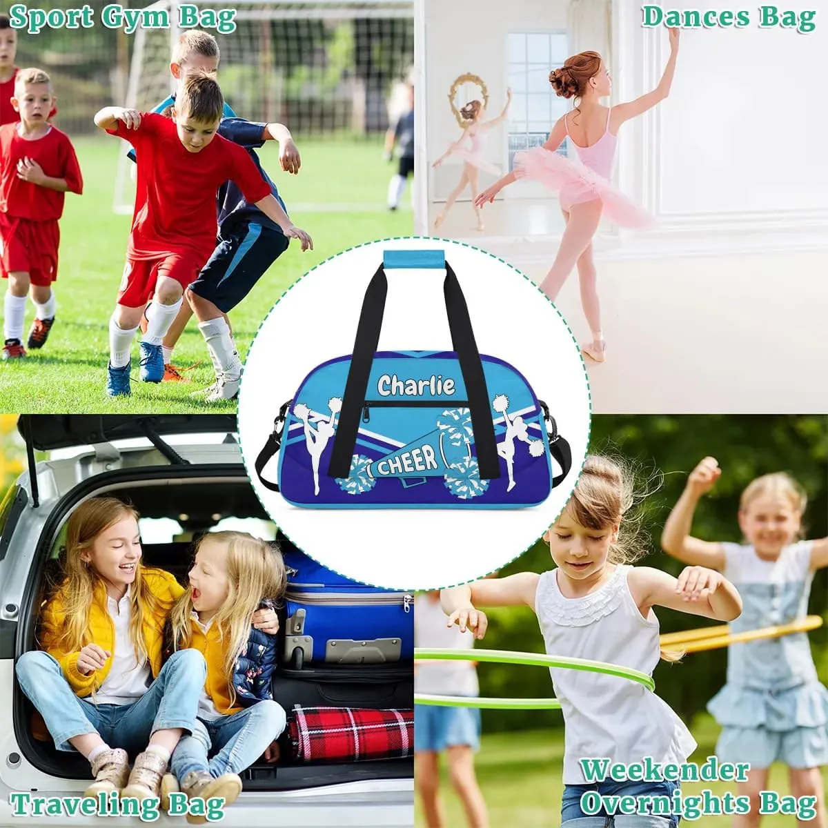 Personalized Name Cheerleaders Bag Custom Cheer Duffel Bags Gymnastics Bag Weekend Travel Overnight Bag for Sport Events, Blue