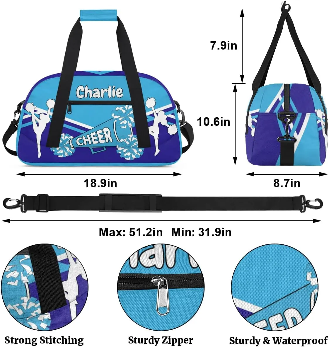 Personalized Name Cheerleaders Bag Custom Cheer Duffel Bags Gymnastics Bag Weekend Travel Overnight Bag for Sport Events, Blue
