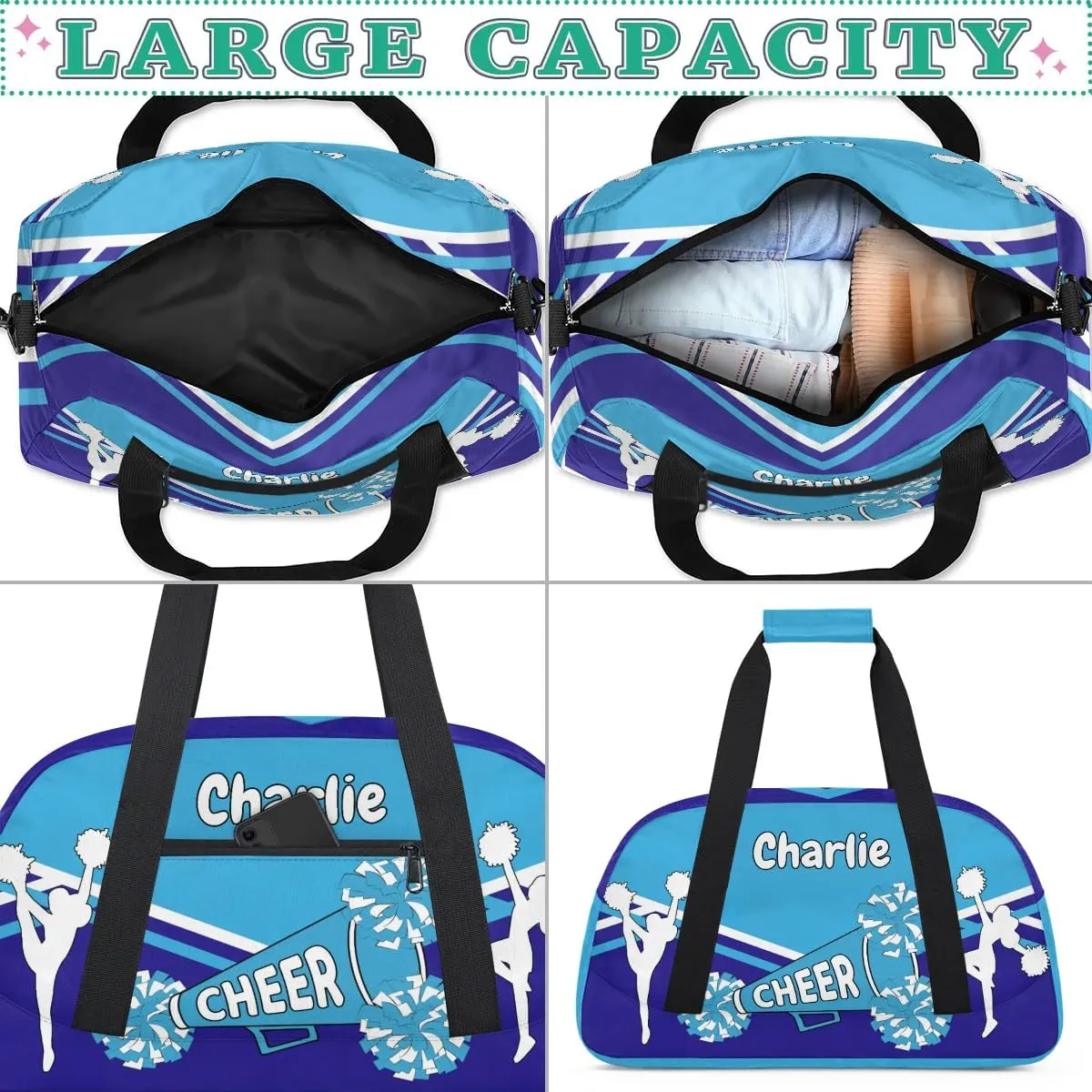 Personalized Name Cheerleaders Bag Custom Cheer Duffel Bags Gymnastics Bag Weekend Travel Overnight Bag for Sport Events, Blue