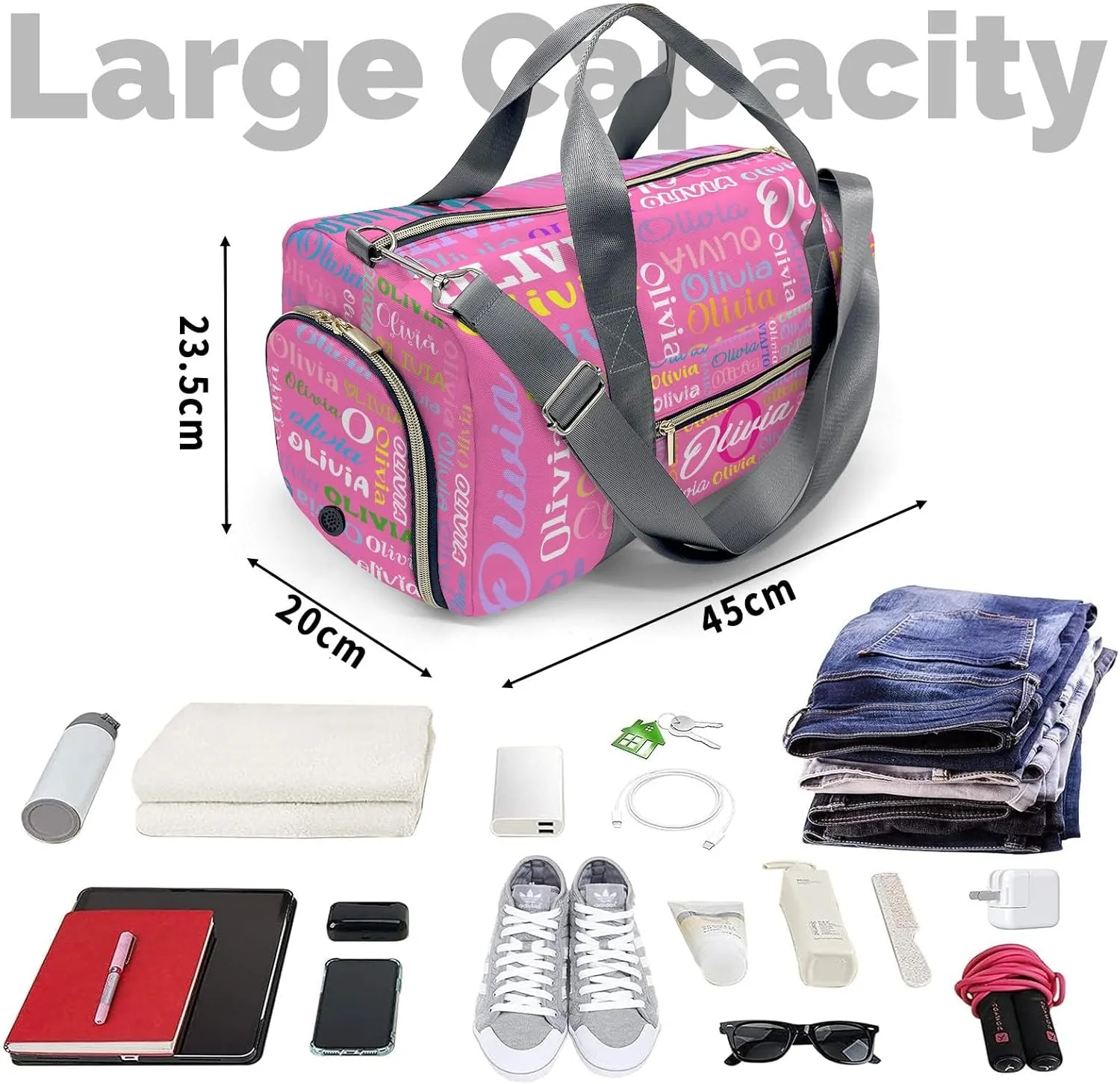 Pink Personalized Duffel Bag with Name Next Custom Travel Bag for Woman Men Sports Gym Dance Bags Wet Dry Pockets Shoe Compartment Overnight Weekend Bag