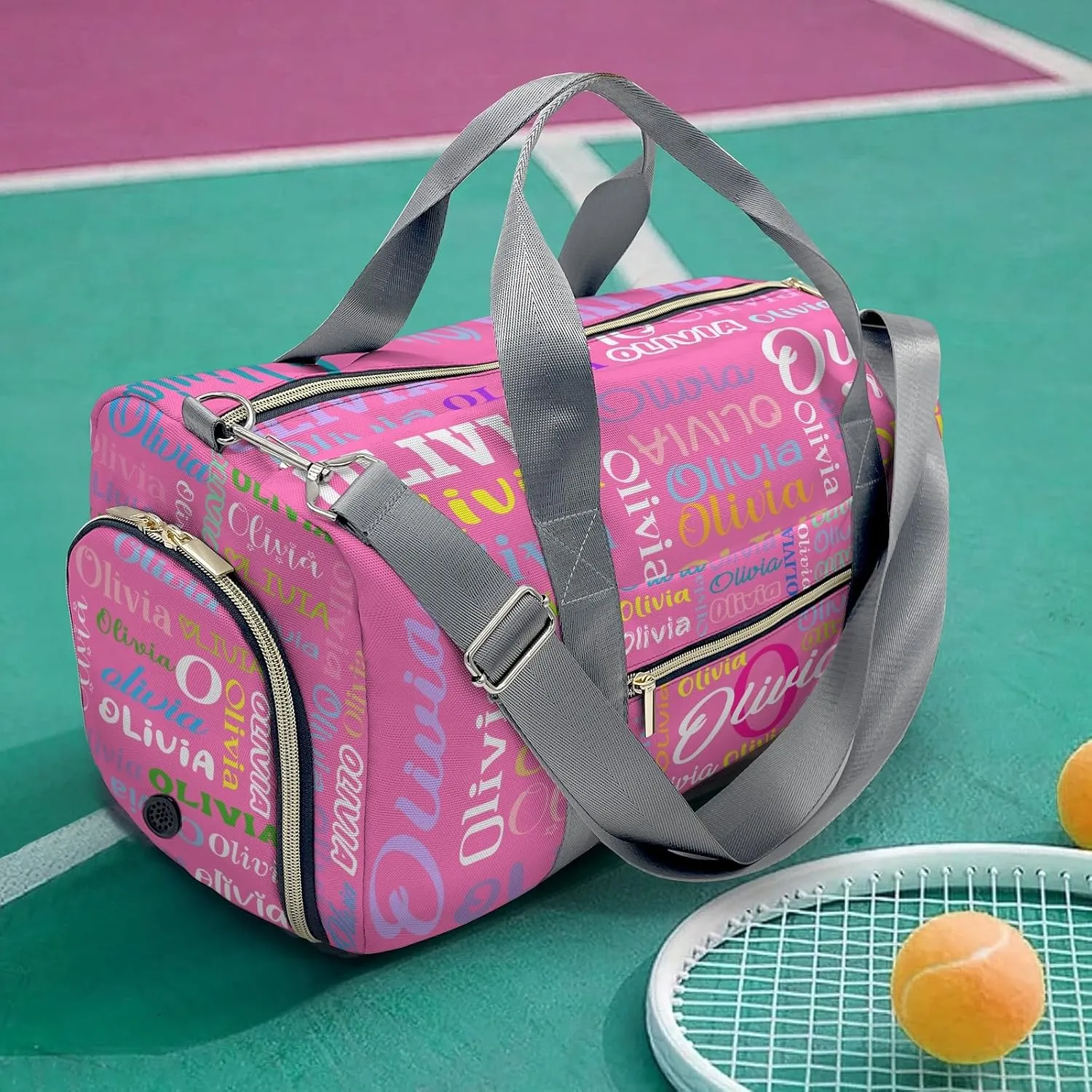 Pink Personalized Duffel Bag with Name Next Custom Travel Bag for Woman Men Sports Gym Dance Bags Wet Dry Pockets Shoe Compartment Overnight Weekend Bag