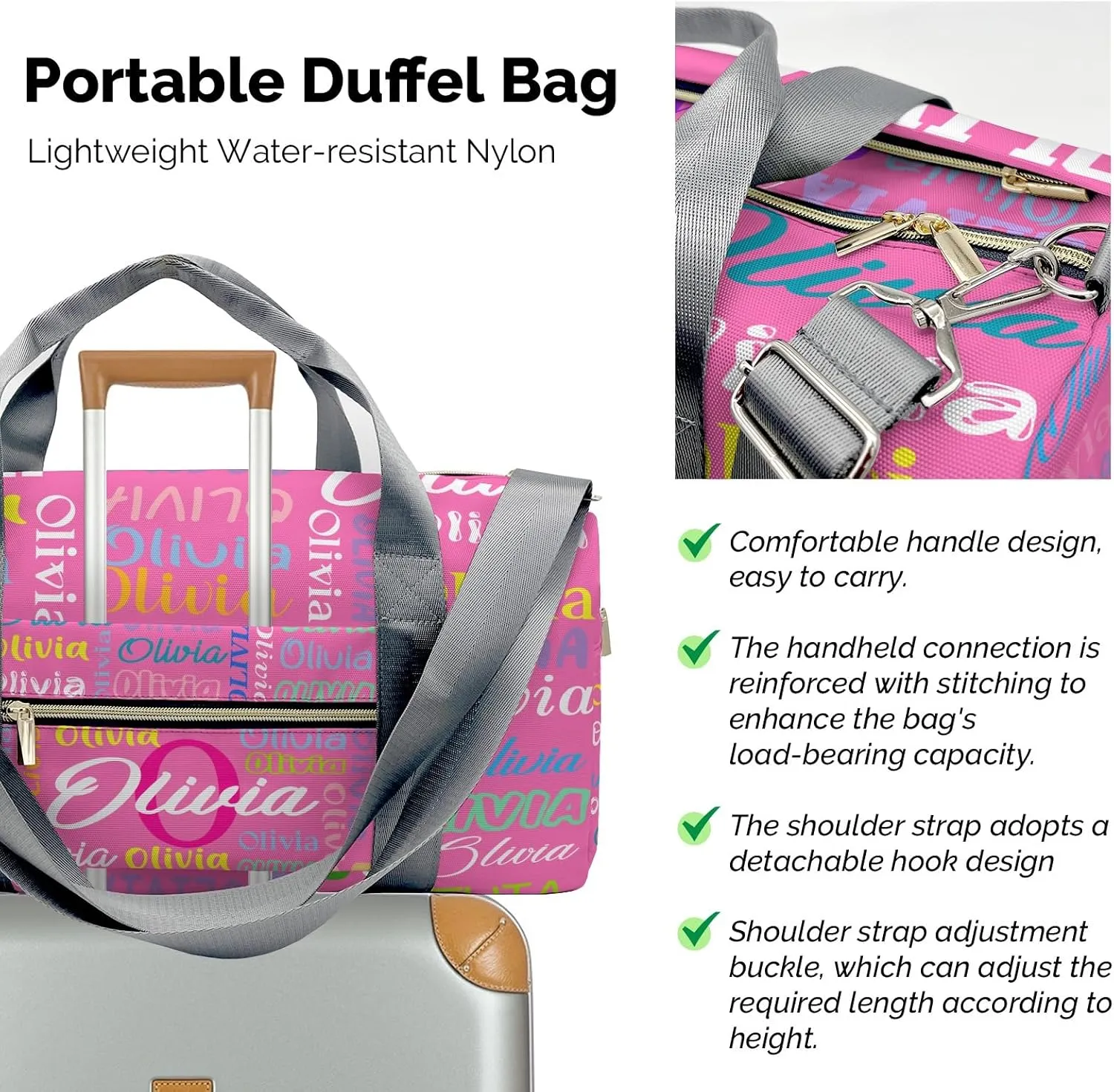 Pink Personalized Duffel Bag with Name Next Custom Travel Bag for Woman Men Sports Gym Dance Bags Wet Dry Pockets Shoe Compartment Overnight Weekend Bag