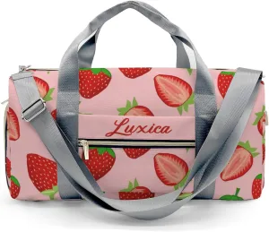 Pink Strawberry Personalized Sport Duffel Bag Custom Name Travel Gymnastics Sports Gym Dance Training Weekend Bag for Women Men