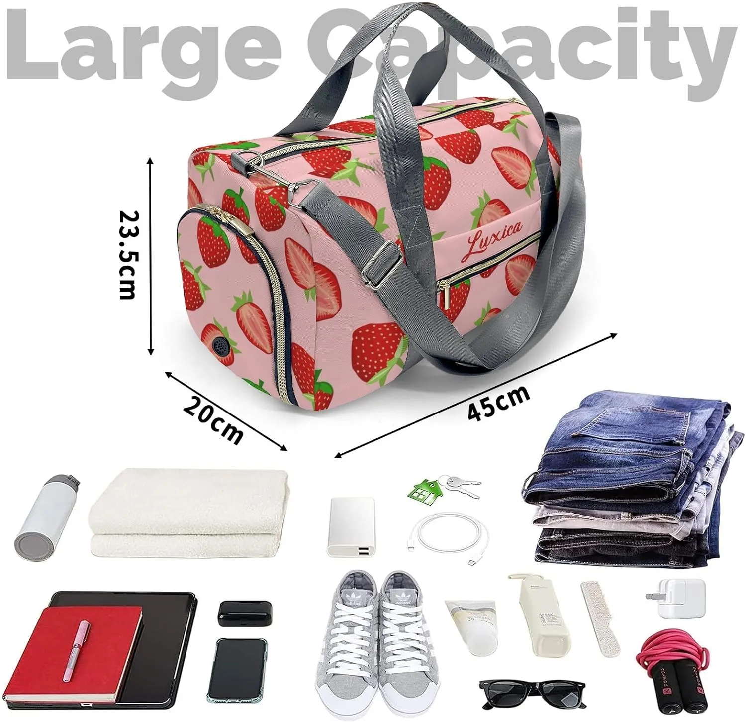Pink Strawberry Personalized Sport Duffel Bag Custom Name Travel Gymnastics Sports Gym Dance Training Weekend Bag for Women Men