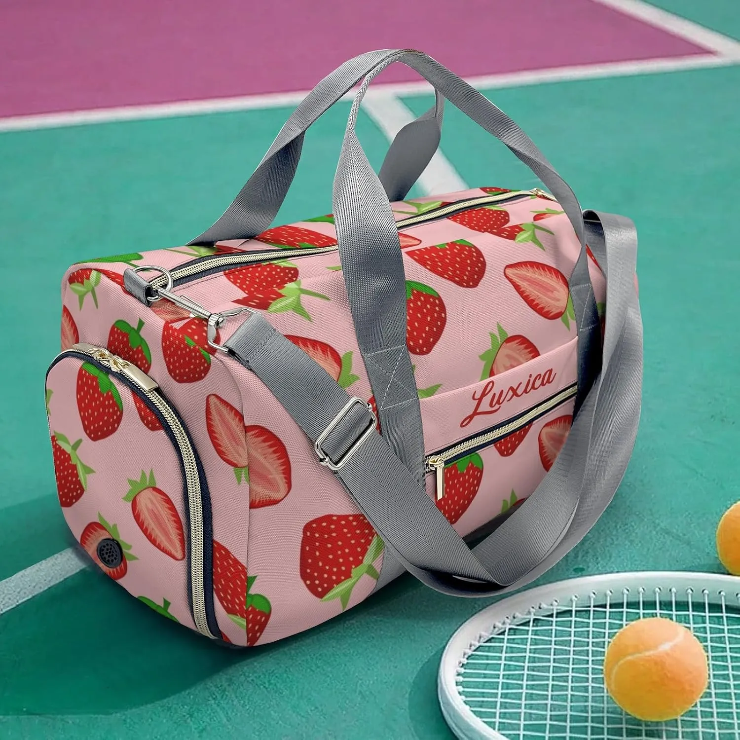 Pink Strawberry Personalized Sport Duffel Bag Custom Name Travel Gymnastics Sports Gym Dance Training Weekend Bag for Women Men