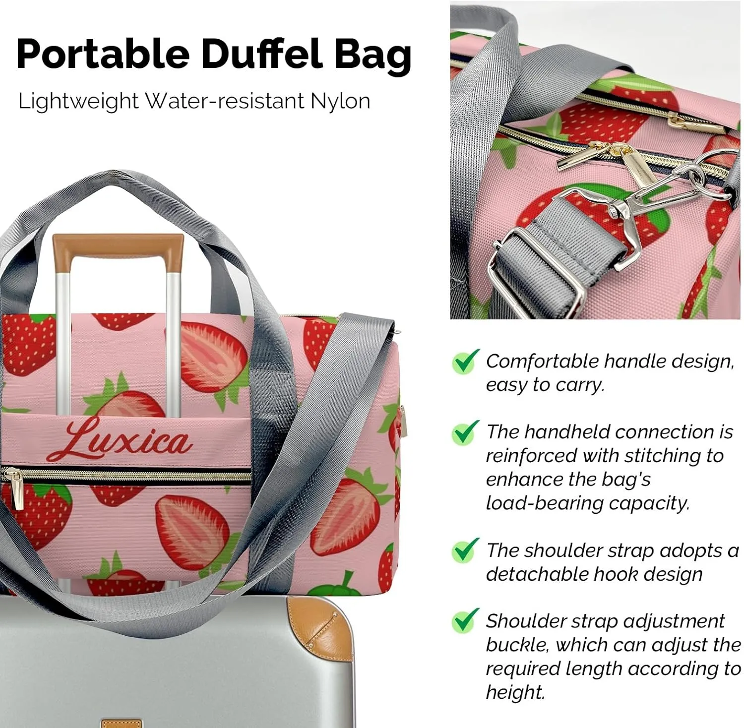 Pink Strawberry Personalized Sport Duffel Bag Custom Name Travel Gymnastics Sports Gym Dance Training Weekend Bag for Women Men