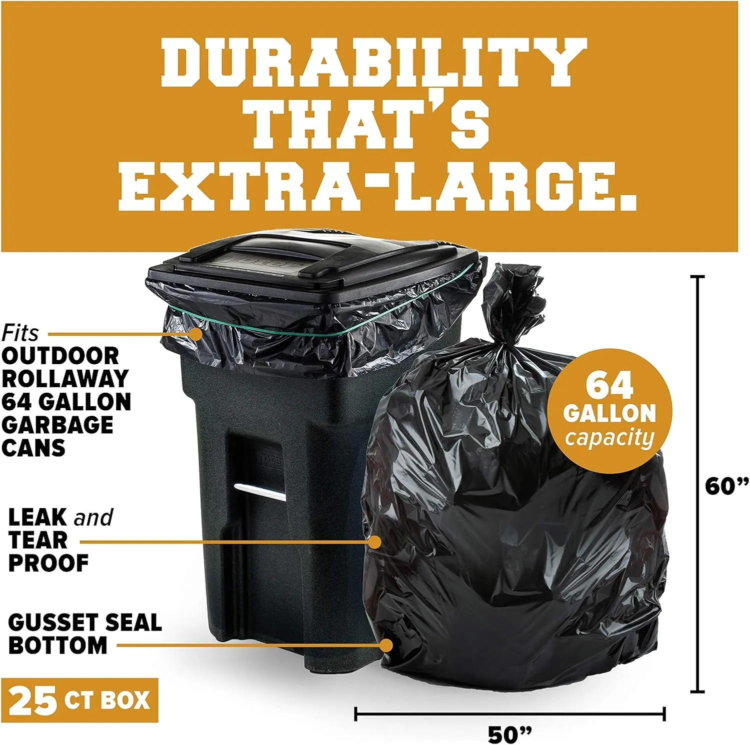 Plasticplace 64-65 Gallon Trash Can Liners for Toter │ 3.0 Mil │ Black Heavy Duty Garbage Bags │ 50” x 60” (25 Count),W65LDBTL3
