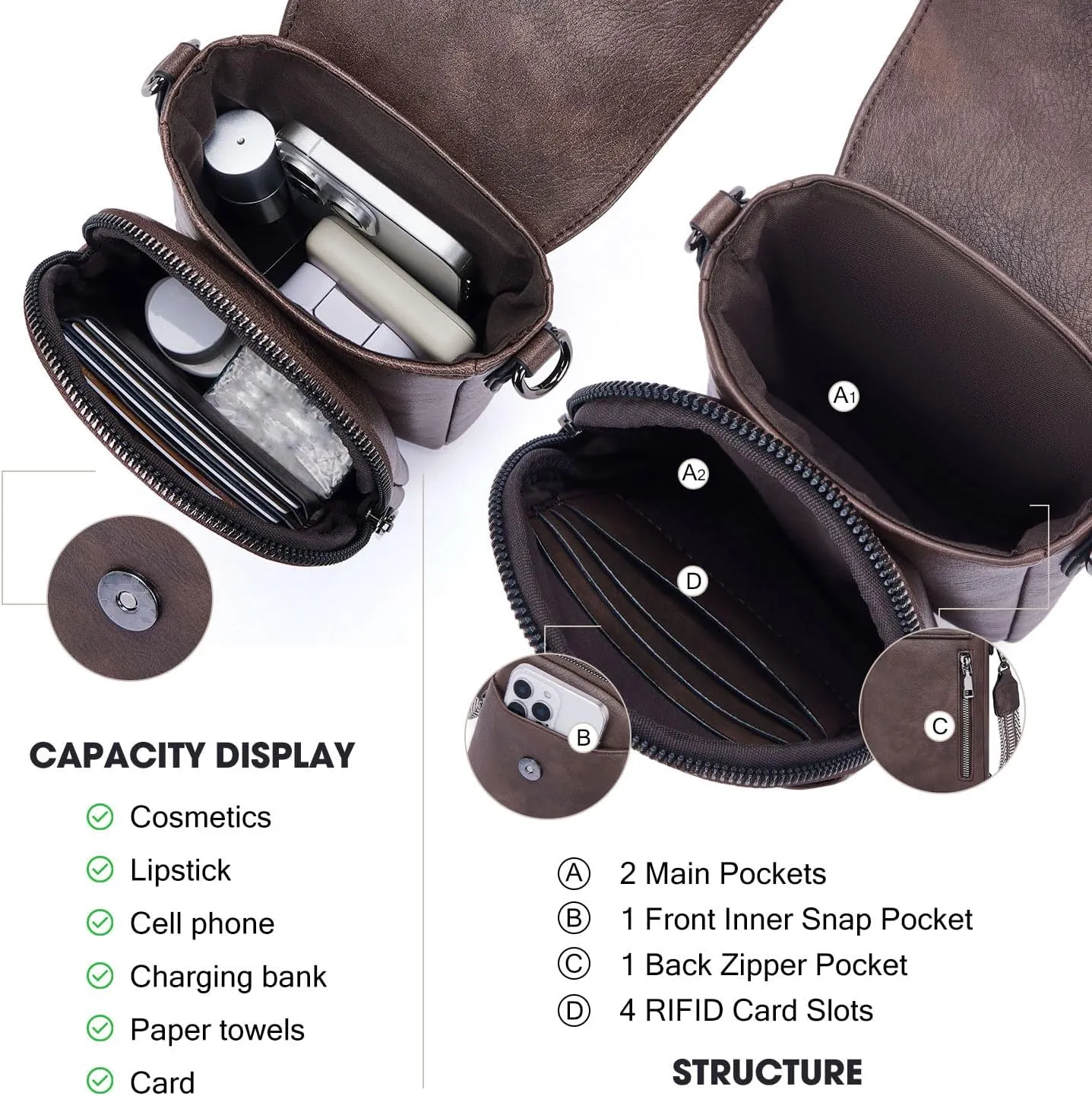 POIUGOYA Small Crossbody Bags for Women Trendy,Leather Triple Compartment Cell Phone Crossbody Wallet Purses with Card Slots