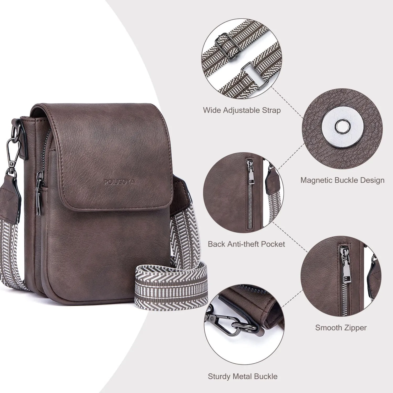 POIUGOYA Small Crossbody Bags for Women Trendy,Leather Triple Compartment Cell Phone Crossbody Wallet Purses with Card Slots