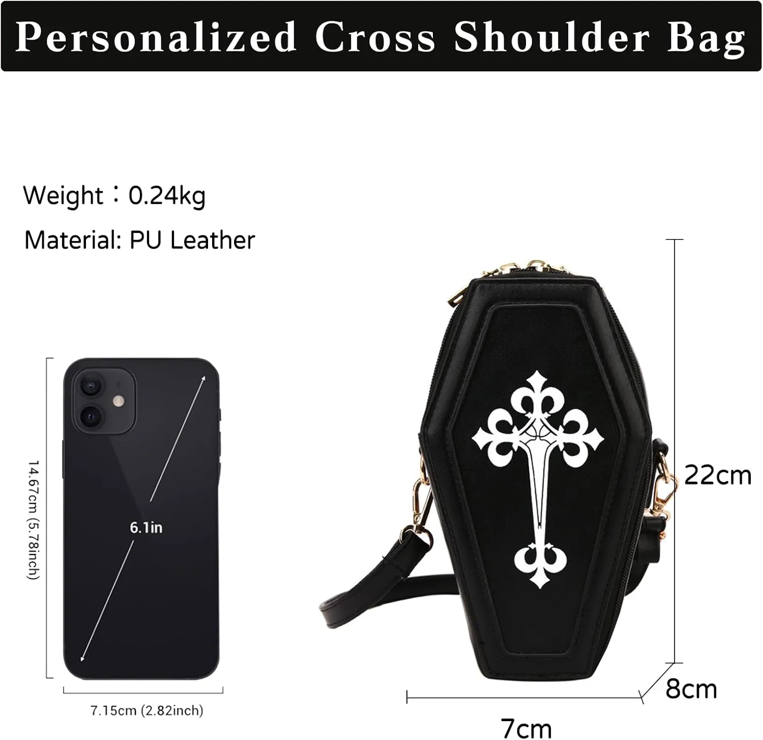 PORRASSO Gothic Crossbody Bag Women Shoulder Bag PU Messenger Bag Coffin Shape Handbags for Travel Halloween Daily Use Black