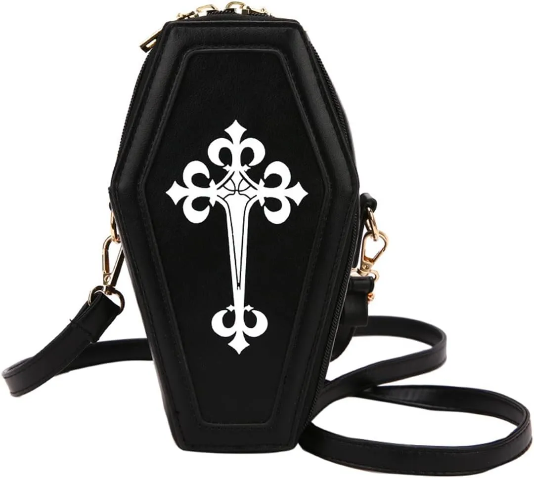 PORRASSO Gothic Crossbody Bag Women Shoulder Bag PU Messenger Bag Coffin Shape Handbags for Travel Halloween Daily Use Black