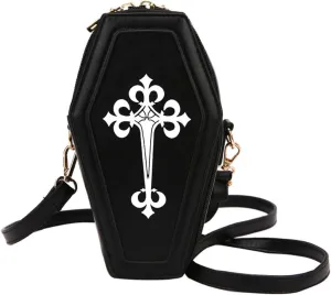 PORRASSO Gothic Crossbody Bag Women Shoulder Bag PU Messenger Bag Coffin Shape Handbags for Travel Halloween Daily Use Black