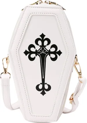 PORRASSO Gothic Crossbody Bag Women Shoulder Bag PU Messenger Bag Coffin Shape Handbags for Travel Halloween Daily Use White