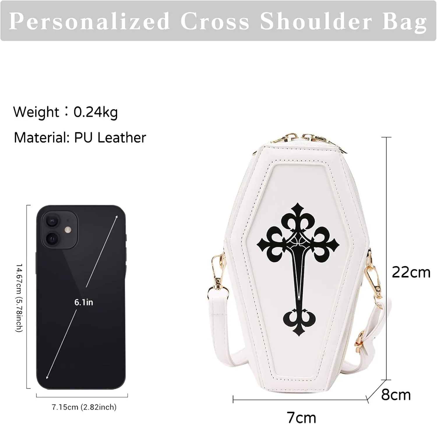 PORRASSO Gothic Crossbody Bag Women Shoulder Bag PU Messenger Bag Coffin Shape Handbags for Travel Halloween Daily Use White