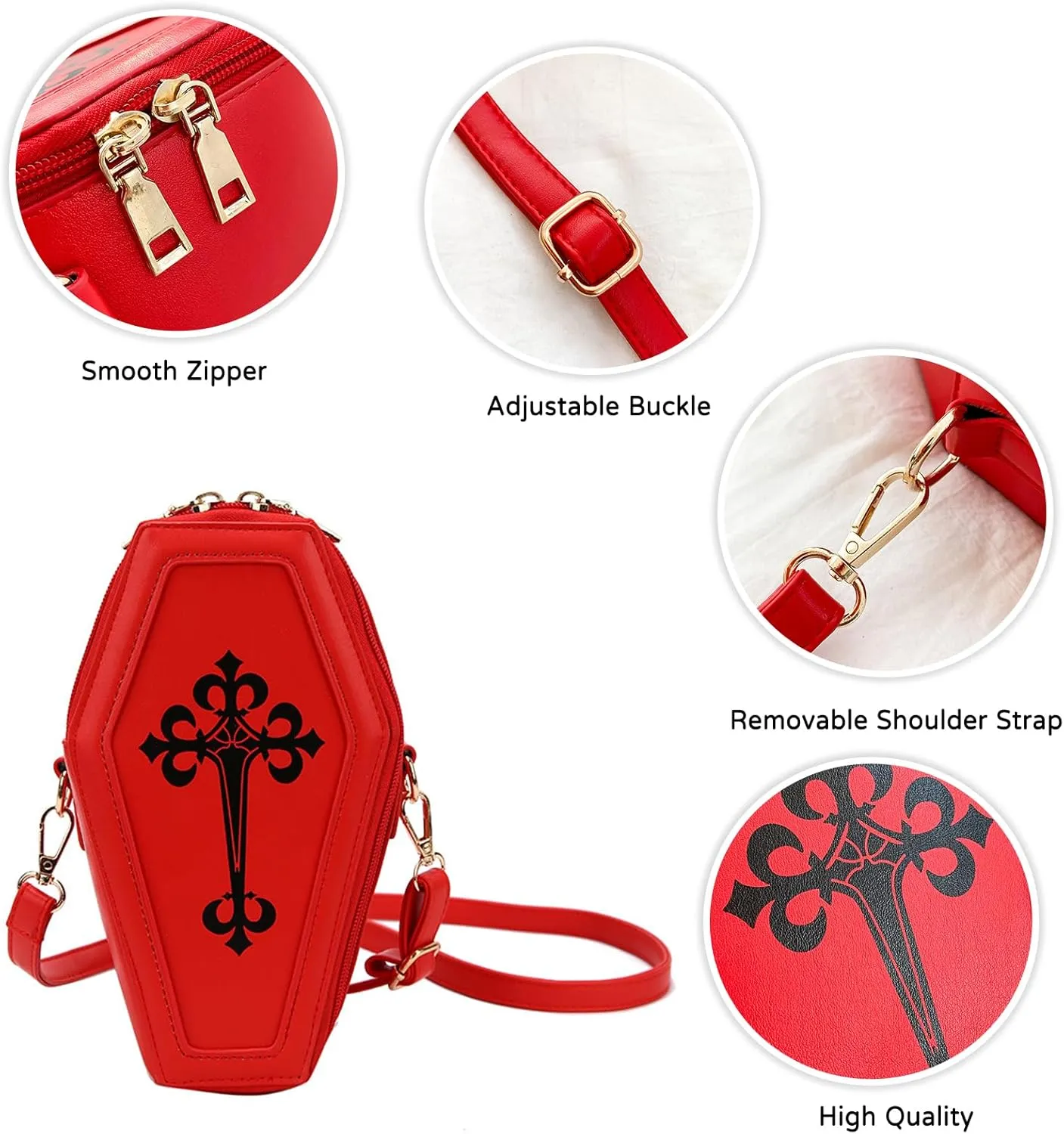PORRASSO Gothic Crossbody Bag Women Shoulder Bag PU Messenger Bag Coffin Shape Handbags for Travel Halloween Daily Use White