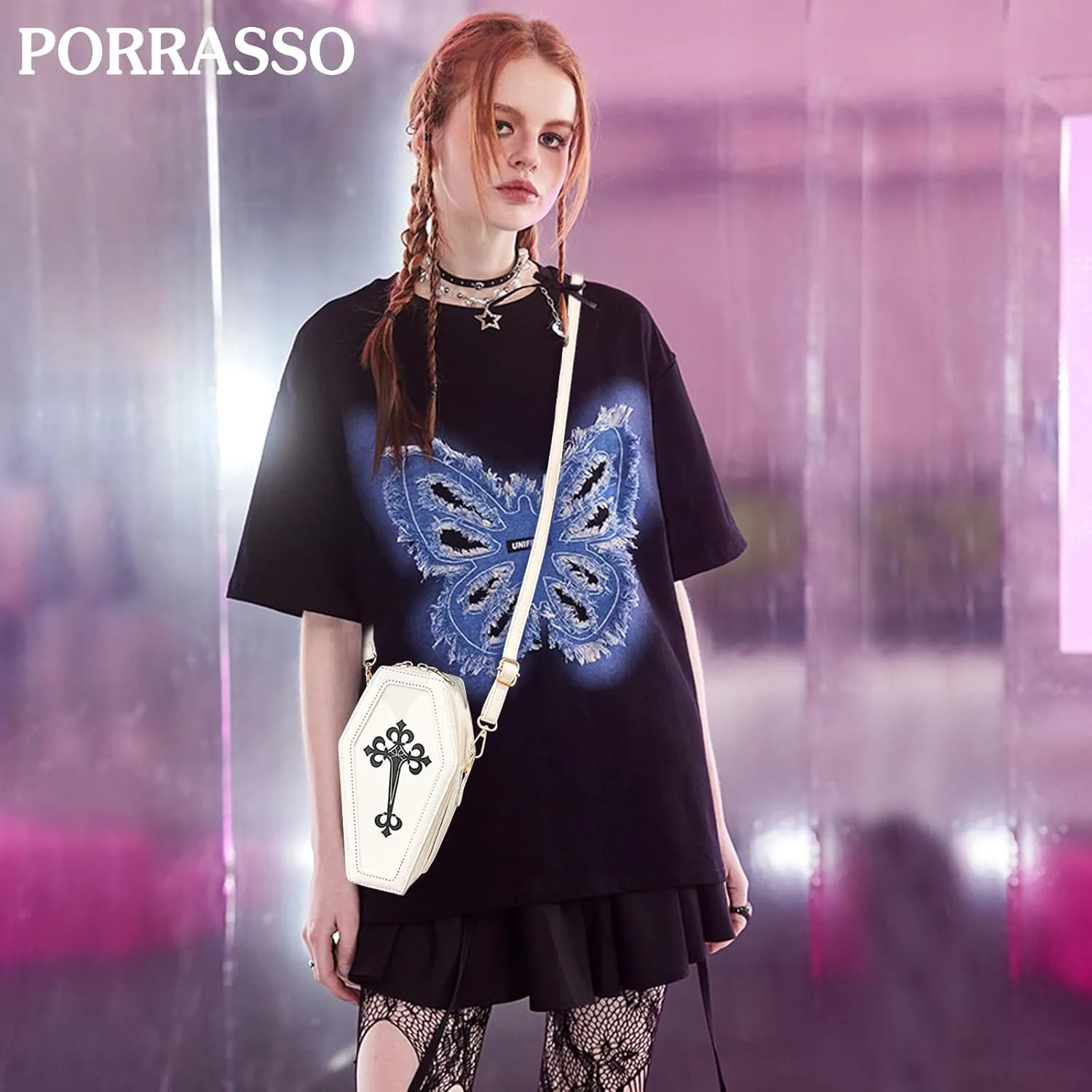 PORRASSO Gothic Crossbody Bag Women Shoulder Bag PU Messenger Bag Coffin Shape Handbags for Travel Halloween Daily Use White