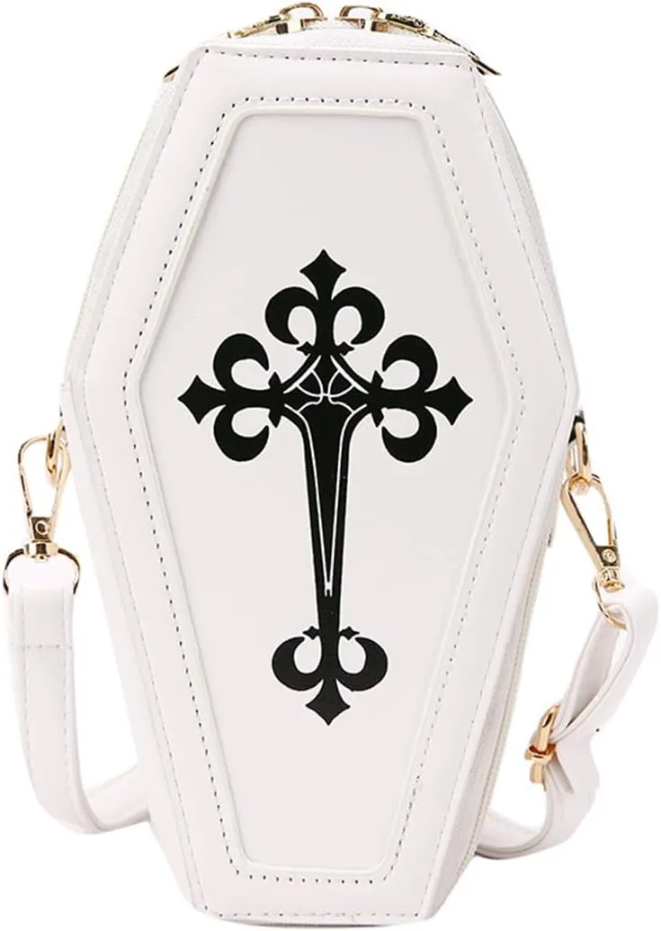 PORRASSO Gothic Crossbody Bag Women Shoulder Bag PU Messenger Bag Coffin Shape Handbags for Travel Halloween Daily Use White