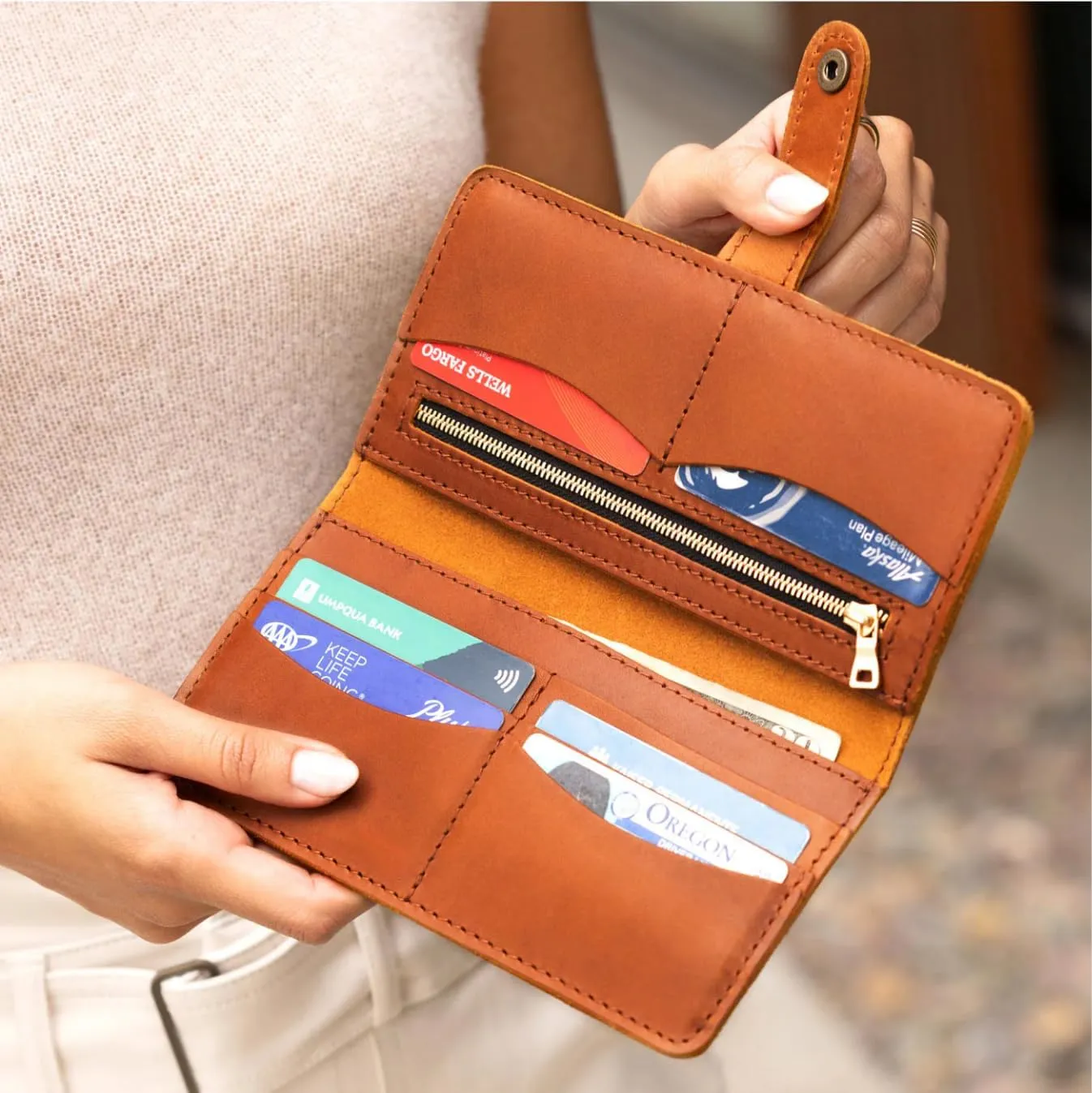 Portland Leather Goods Women's Bifold Wallet – Slim Design with Secure Snap, 8 Card Slots & Interior Zipper Pocket – Honey