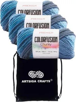 Premier Yarns Colorfusion Chunky Blue Jeans 1174-05 (3-Skeins - Same Dye Lot) Chunky Bulky #5 Acrylic Yarn for Crocheting and Knitting with Project Bag