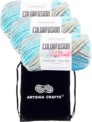 Premier Yarns Colorfusion Chunky Maui 1174-09 (3-Skeins - Same Dye Lot) Chunky Bulky #5 Acrylic Yarn for Crocheting and Knitting with Project Bag