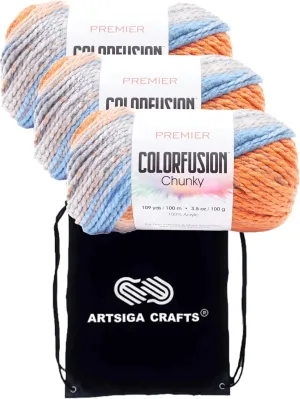 Premier Yarns Colorfusion Chunky Wildflower 1174-07 (3-Skeins - Same Dye Lot) Chunky Bulky #5 Acrylic Yarn for Crocheting and Knitting with Project Bag