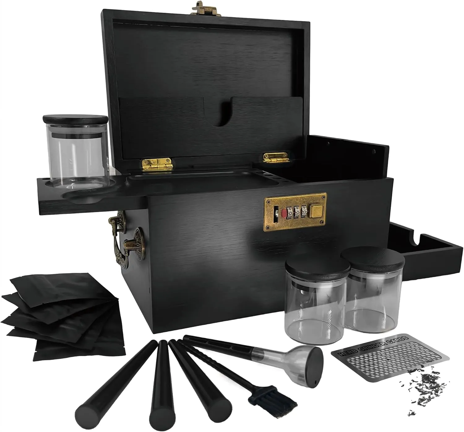 Premium Large Bamboo Box with Combination Lock & Hidden Drawer, Secret Storage Stash Box,Upgraded with Handle, 5 Smell Proof Bags, 3 Glass Jars, 3 Tube, Brush, Grinder Card, Cone Funnel Rolling Kit