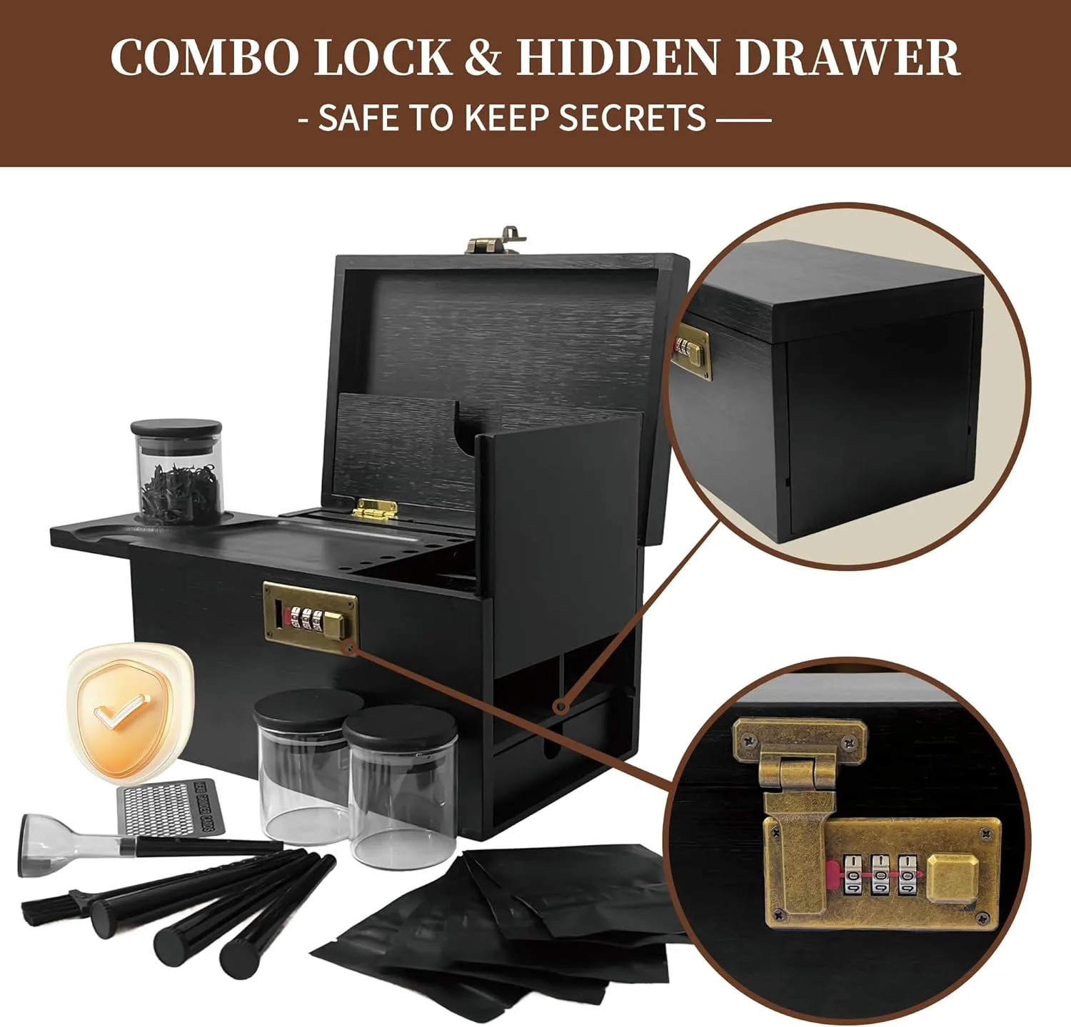 Premium Large Bamboo Box with Combination Lock & Hidden Drawer, Secret Storage Stash Box,Upgraded with Handle, 5 Smell Proof Bags, 3 Glass Jars, 3 Tube, Brush, Grinder Card, Cone Funnel Rolling Kit