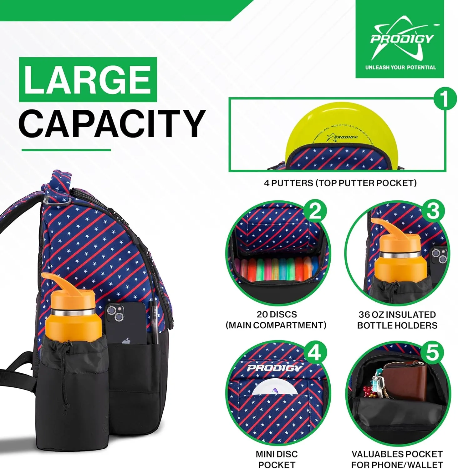 Prodigy Disc Ascent Disc Golf Backpack, Beginner Frisbee Backpack with 18  Disc Capacity, Lightweight Golf Starter Bag, Essential Accessories