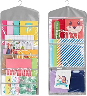 ProPik Hanging Double Sided Gift Bag Storage Organizer with Multiple Front and Back Pockets - Organize Your Gift Wrap, Tissue Paper, and Paper Bags 38 x 16 Inch PVC (Gray)