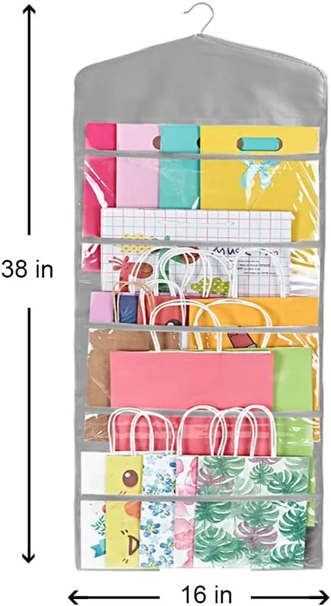ProPik Hanging Double Sided Gift Bag Storage Organizer with Multiple Front and Back Pockets - Organize Your Gift Wrap, Tissue Paper, and Paper Bags 38 x 16 Inch PVC (Gray)