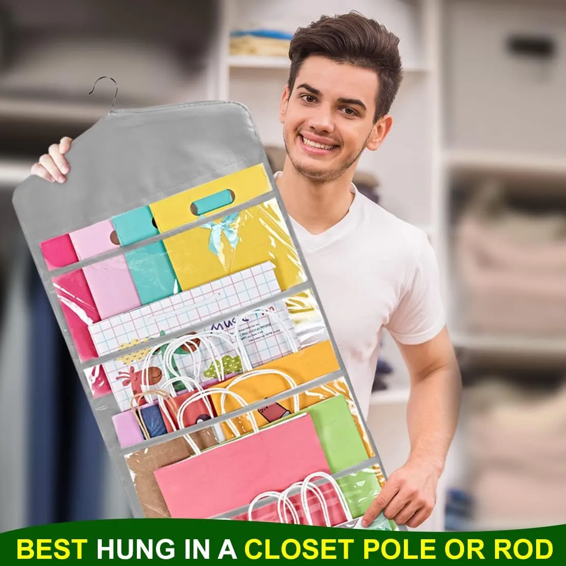 ProPik Hanging Double Sided Gift Bag Storage Organizer with Multiple Front and Back Pockets - Organize Your Gift Wrap, Tissue Paper, and Paper Bags 38 x 16 Inch PVC (Gray)