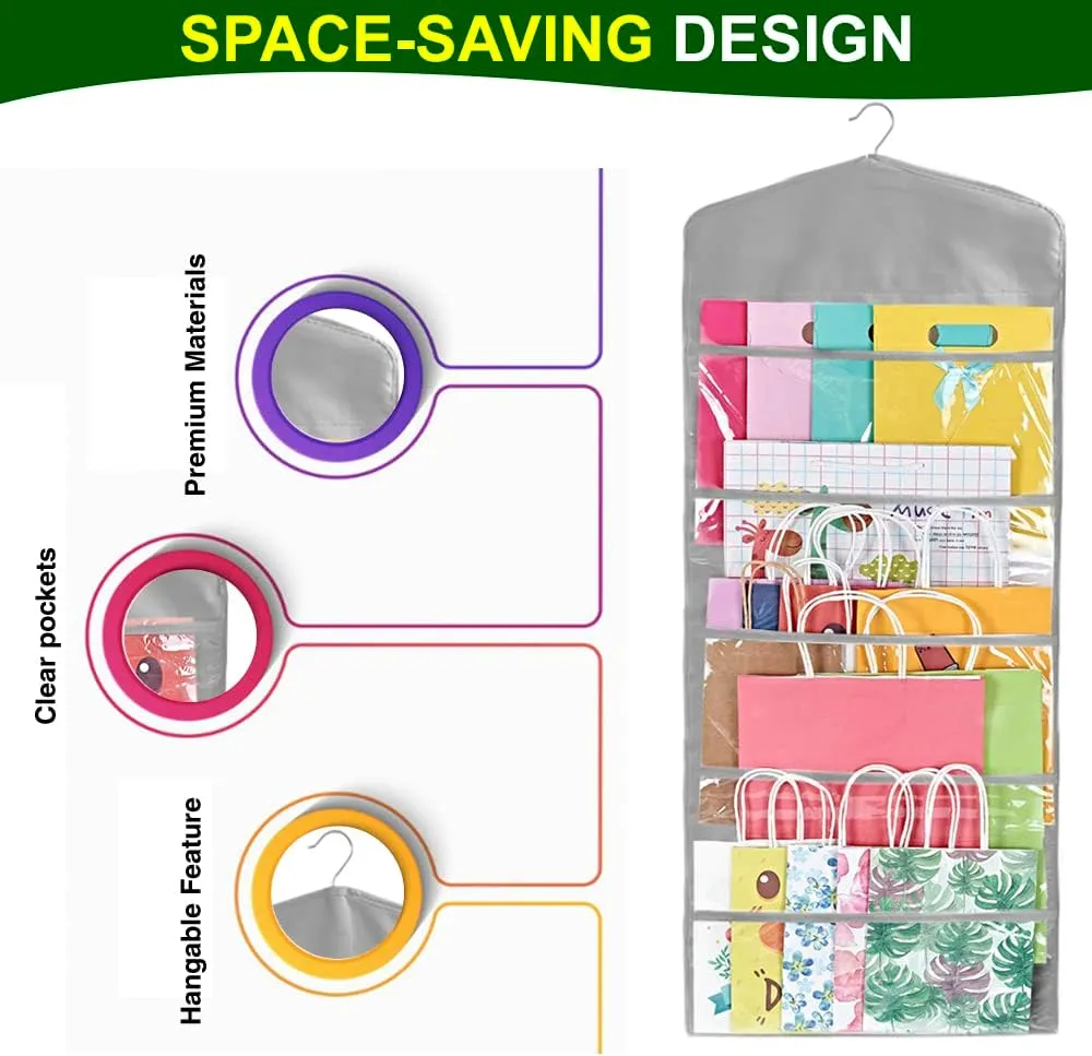 ProPik Hanging Double Sided Gift Bag Storage Organizer with Multiple Front and Back Pockets - Organize Your Gift Wrap, Tissue Paper, and Paper Bags 38 x 16 Inch PVC (Gray)