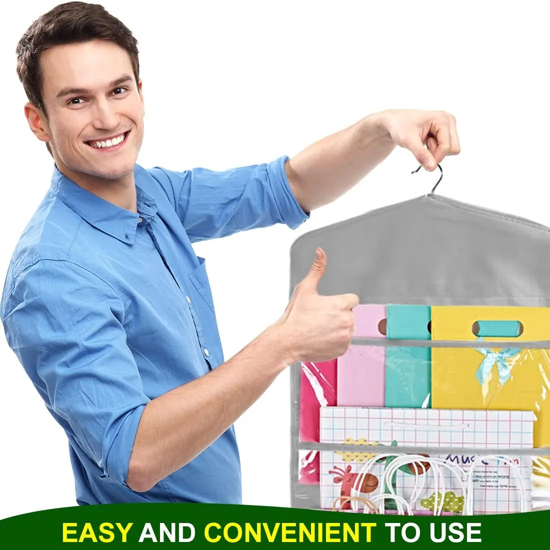 ProPik Hanging Double Sided Gift Bag Storage Organizer with Multiple Front and Back Pockets - Organize Your Gift Wrap, Tissue Paper, and Paper Bags 38 x 16 Inch PVC (Gray)