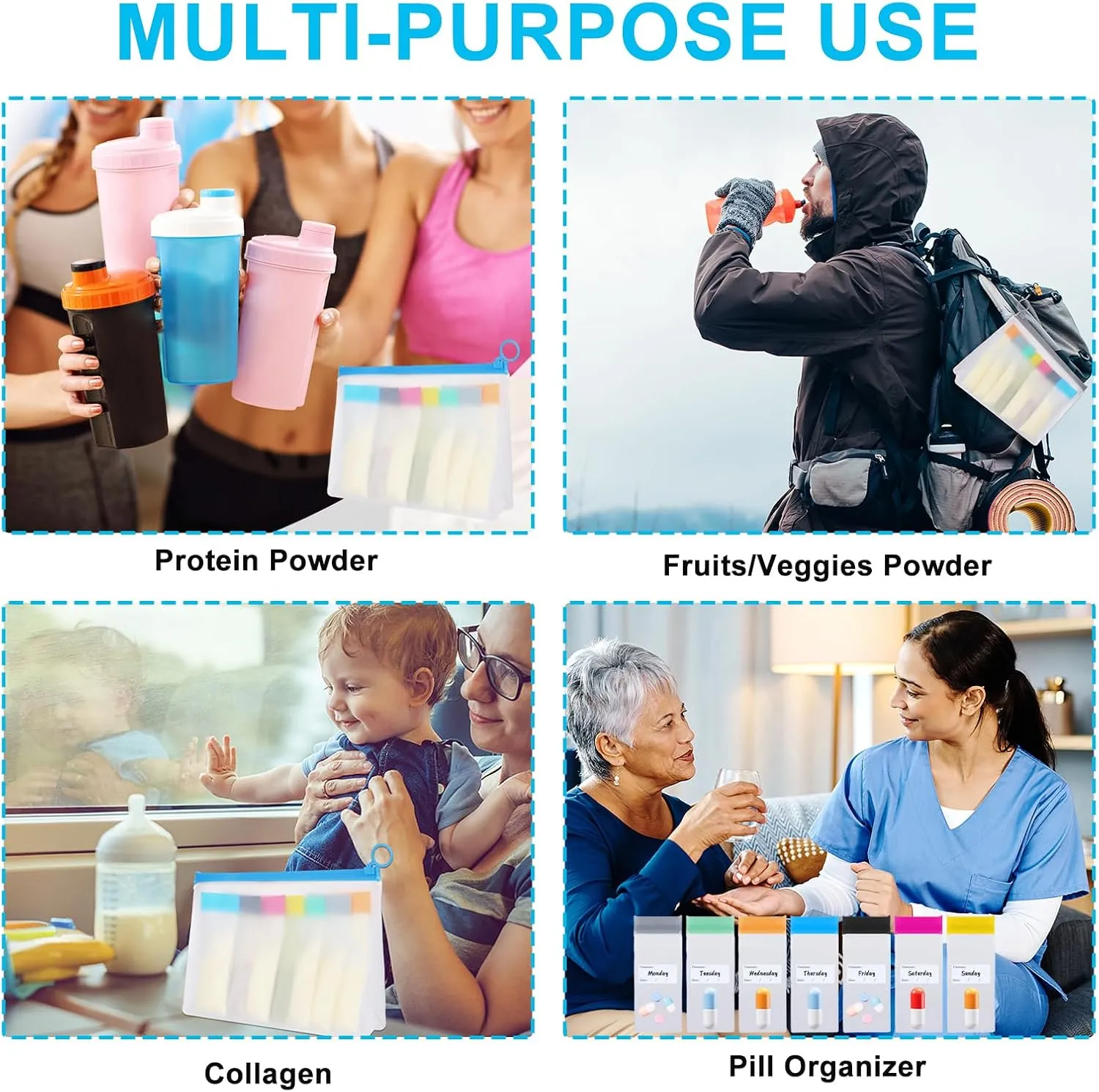 Protein Powder Travel Container with Funnels, Reusable Powder Dispenser Supplement Portable Protein Container To Go, 21pc Single Dose Bags and 3pc Large Standable Zip Bags for Workout, Fitness, Travel