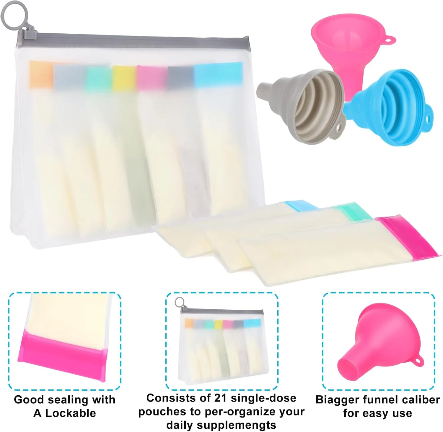 Protein Powder Travel Container with Funnels, Reusable Powder Dispenser Supplement Portable Protein Container To Go, 21pc Single Dose Bags and 3pc Large Standable Zip Bags for Workout, Fitness, Travel