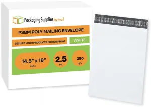 PSBM White Poly Mailers 14.5x19 Inch 250 Pack Shipping Bags for Clothing, Sturdy Shipping Envelopes, Strong Self Seal Mailing Bags for Small Business, Poly Bags for Small Businessess