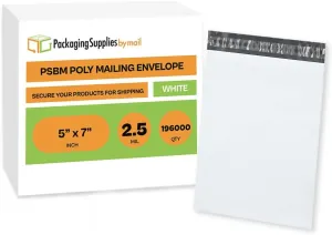 PSBM White Poly Mailers 5 x 7 Inch 196000 Pack Shipping Bags for Clothing, Sturdy Shipping Envelopes, Strong Self Seal Mailing Bags for Small Business, Poly Bags for Small Businessess