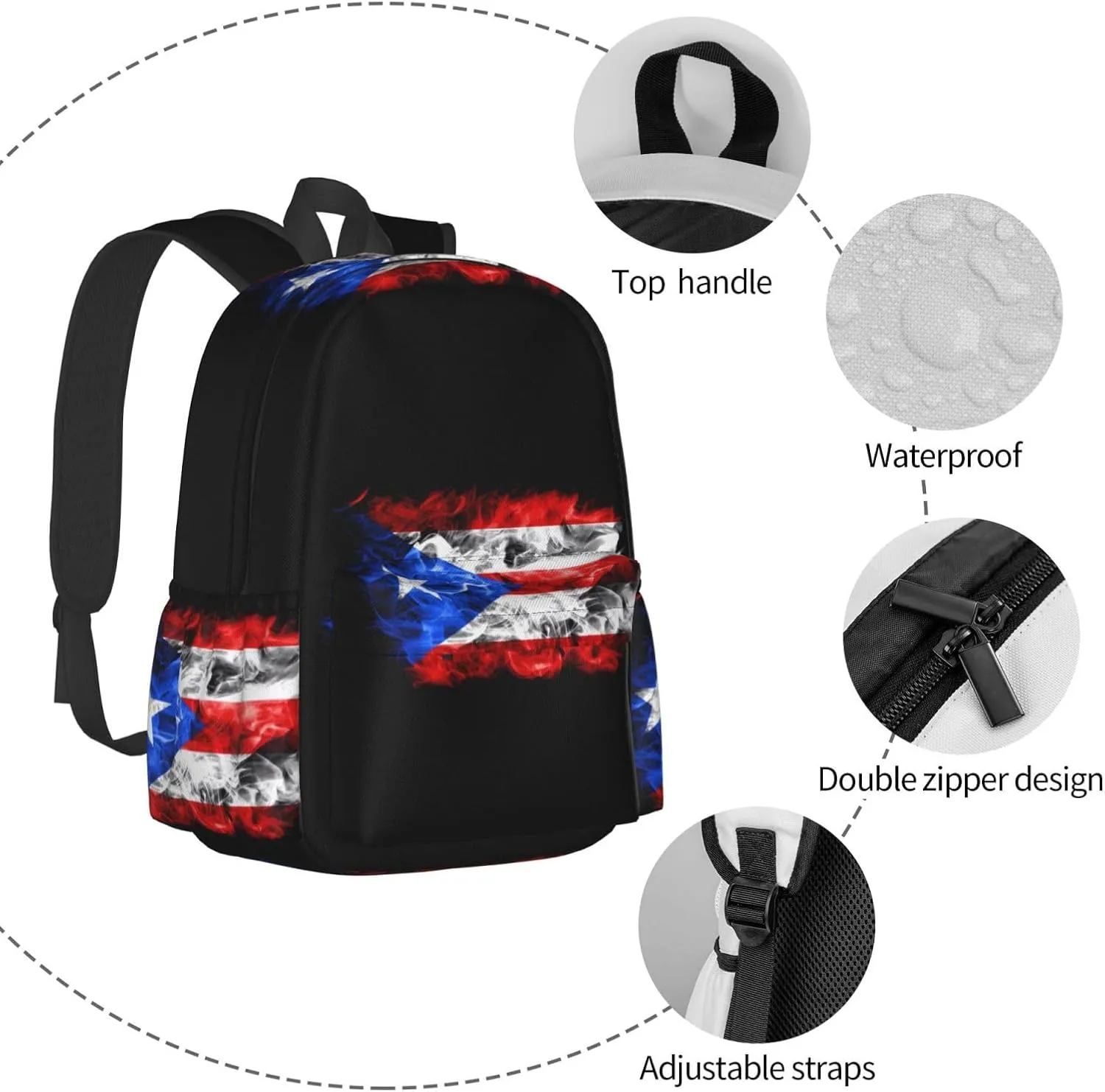 Puerto Rico Flag Waving Backpack Large Capacity Backpack Lightweight Double Shoulder Bag For Women Men Travel