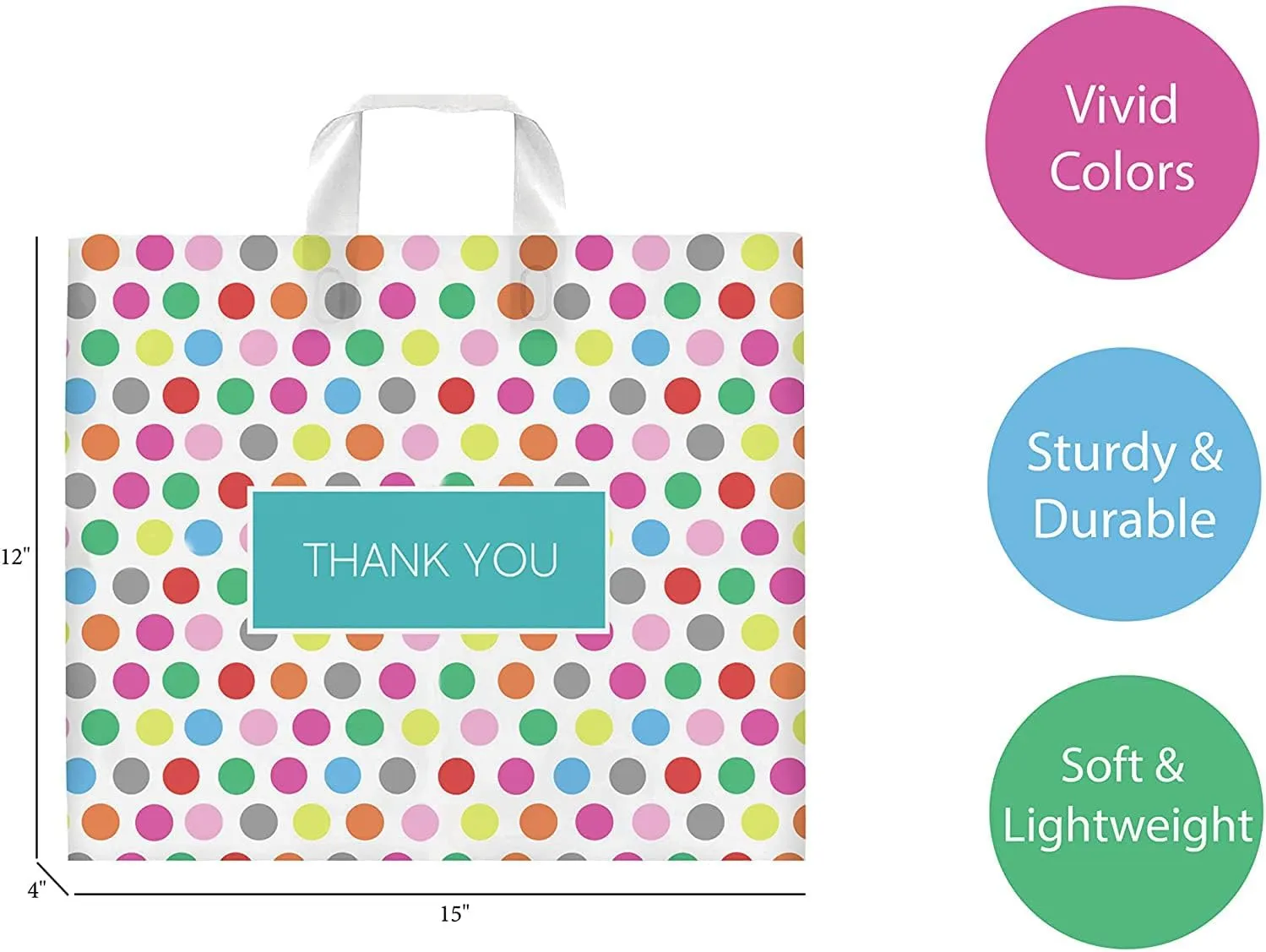 Purple Q Crafts Printed Polka Dot Thank You Bag. 50 PACK 15"x12". Frosted Soft Loop Shopping Bag with Gusset for Merchandise, Boutiques (15"x12")