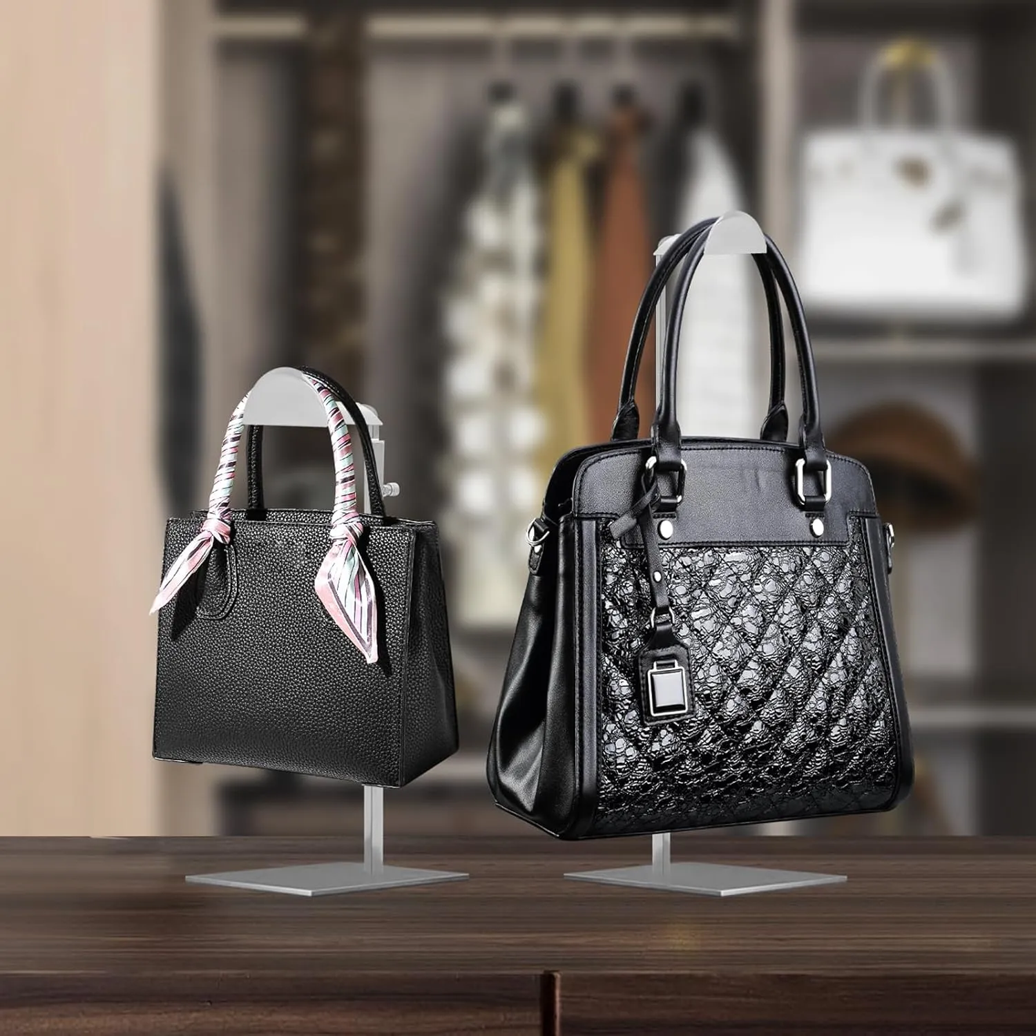 Purse Holder 3 Pack, Purse Display Stand Stainless Steel, Adjustable Height Purse Hanger Handbag Holder for Organizing and Showcasing, Silver