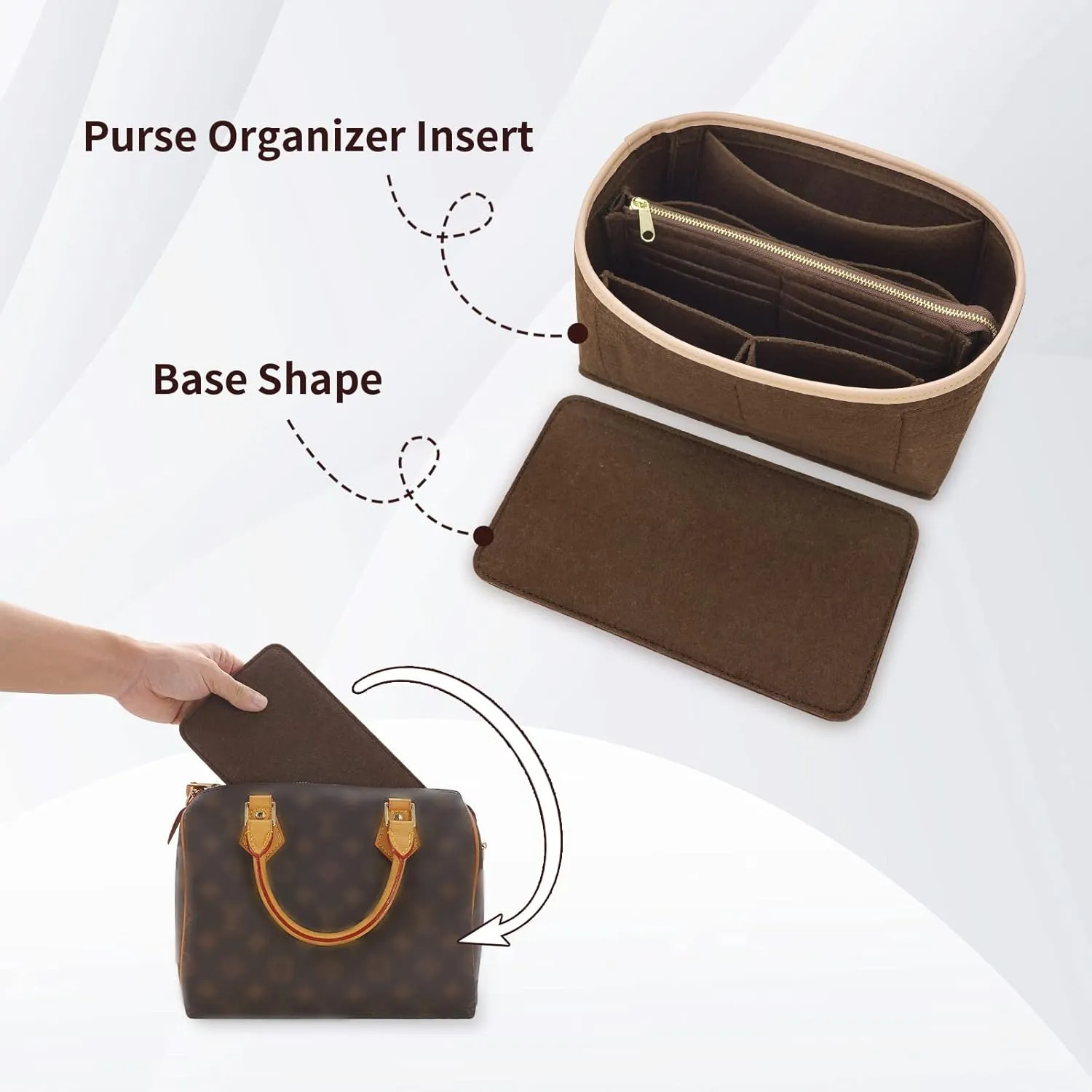 Purse Organizer & Base Shaper fit Speedy 25 & Neverfull PM , Felt Bag Organizer Insert for Handbags with Metal Zipper [Bag in Bag] (Medium, Brown), KS6
