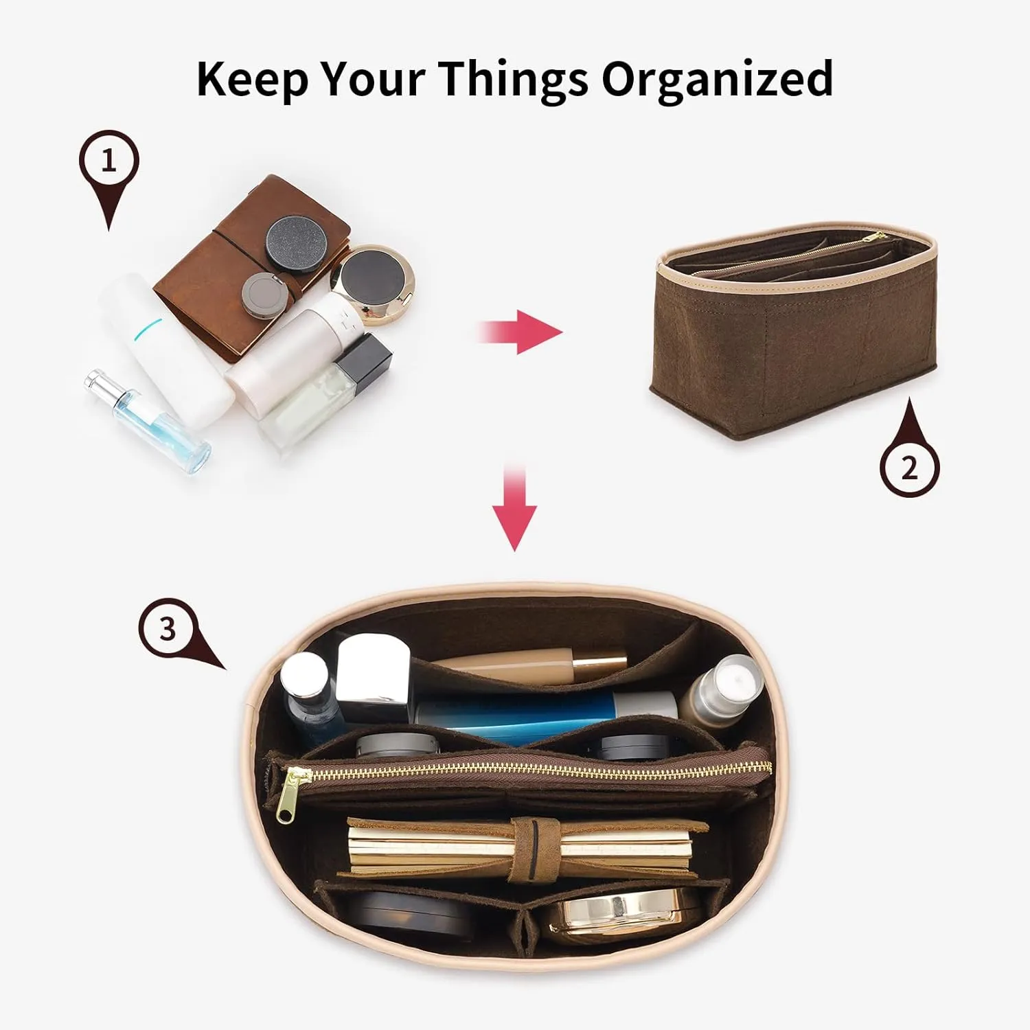 Purse Organizer & Base Shaper fit Speedy 25 & Neverfull PM , Felt Bag Organizer Insert for Handbags with Metal Zipper [Bag in Bag] (Medium, Brown), KS6