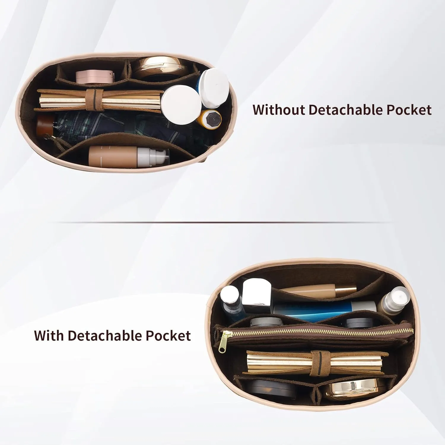 Purse Organizer & Base Shaper fit Speedy 25 & Neverfull PM , Felt Bag Organizer Insert for Handbags with Metal Zipper [Bag in Bag] (Medium, Brown), KS6