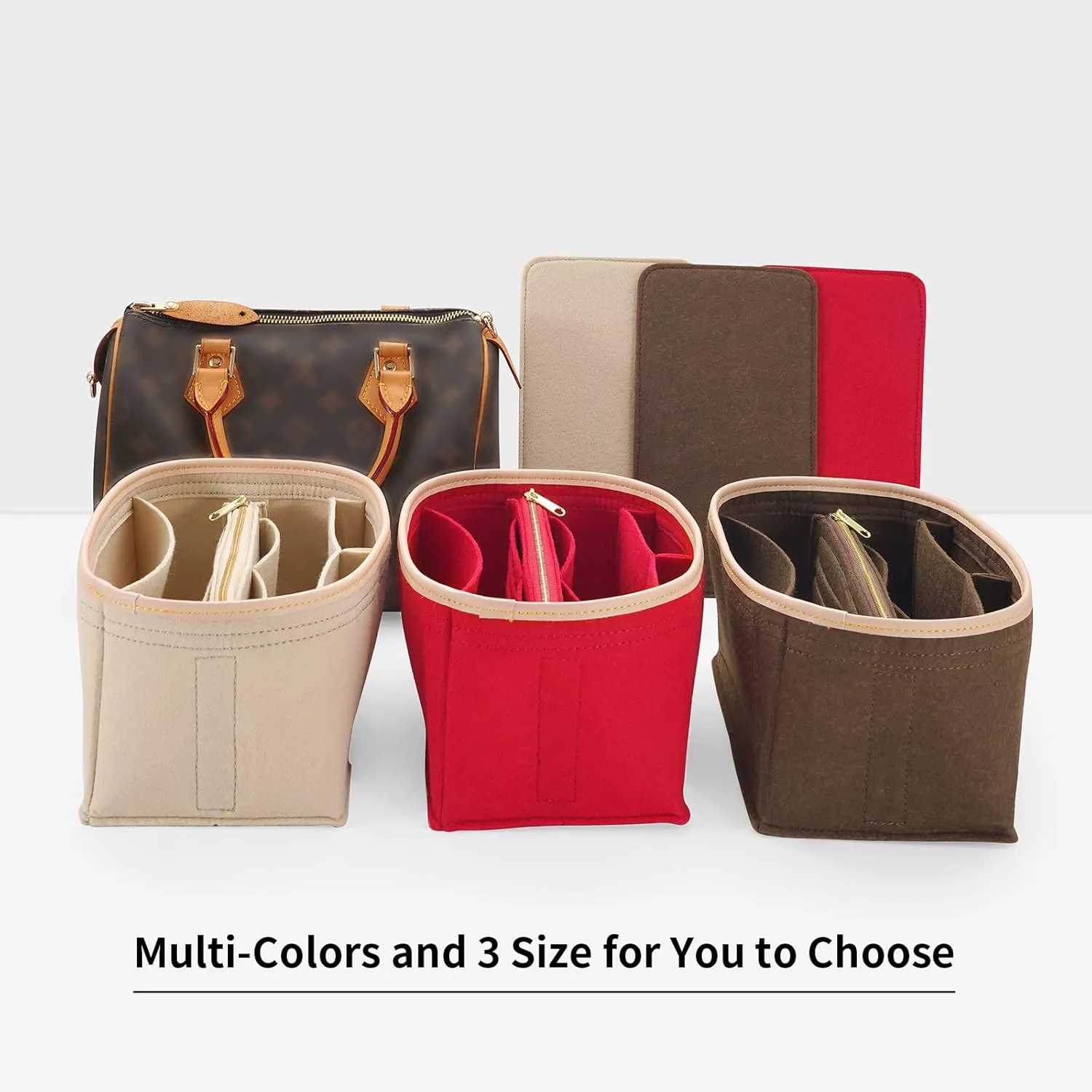 Purse Organizer & Base Shaper fit Speedy 25 & Neverfull PM , Felt Bag Organizer Insert for Handbags with Metal Zipper [Bag in Bag] (Medium, Brown), KS6